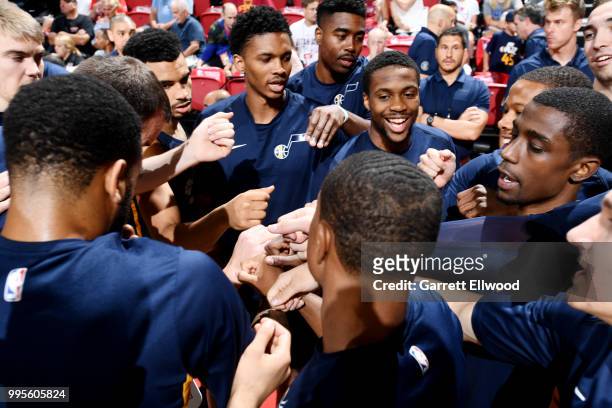 The the Utah Jazz huddle prior to the game against the Miami Heat during the 2018 Las Vegas Summer League on July 9, 2018 at the Thomas & Mack Center...