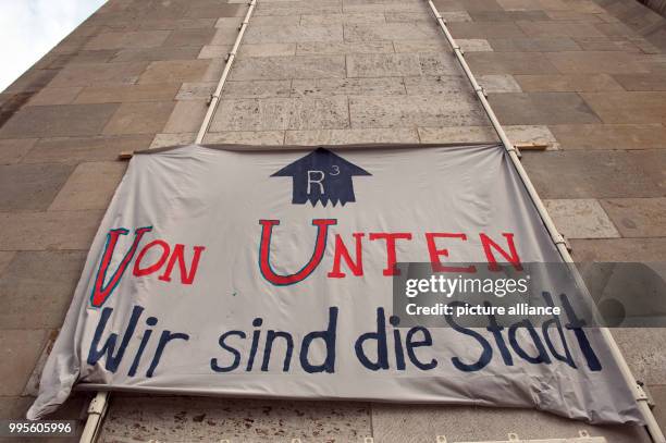 'Von Unten - Wir sind die Stadt' is written on a banner at the Volksbuehne theatre in Berlin, Germany, 27 September 2017. For six days, political and...