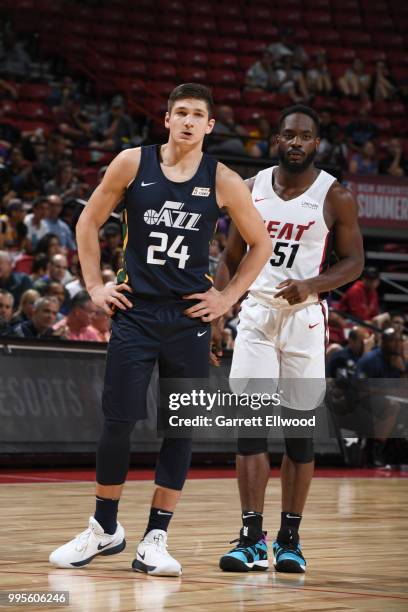 Grayson Allen of the Utah Jazz and Ike Nwamu of the Miami Heat look on during the 2018 Las Vegas Summer League on July 9, 2018 at the Thomas & Mack...