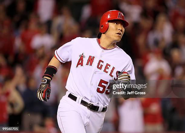 Hideki Matsui of the Los Angeles Angels of Anaheim rounds first base after hitting a three-run homerun against the Oakland Athletics in the sixth...