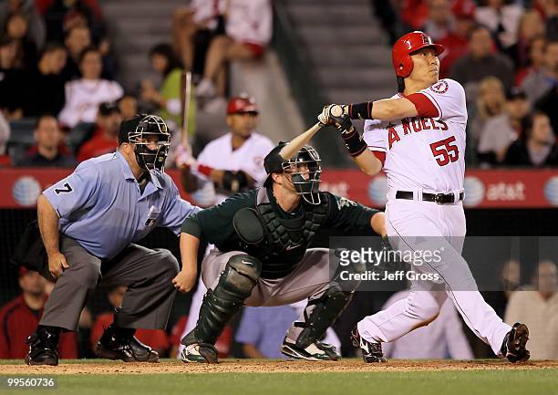 Hideki Matsui of the Los Angeles Angels of Anaheim hits a three-run homerun against the Oakland Athletics in the sixth inning at Angel Stadium on May...