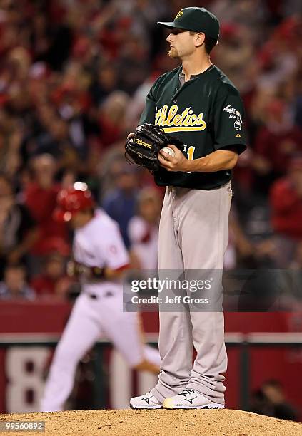 Starting pitcher Dallas Braden of the Oakland Athletics looks on after giving up a three-run homerun to Hideki Matsui of the Los Angeles Angels of...