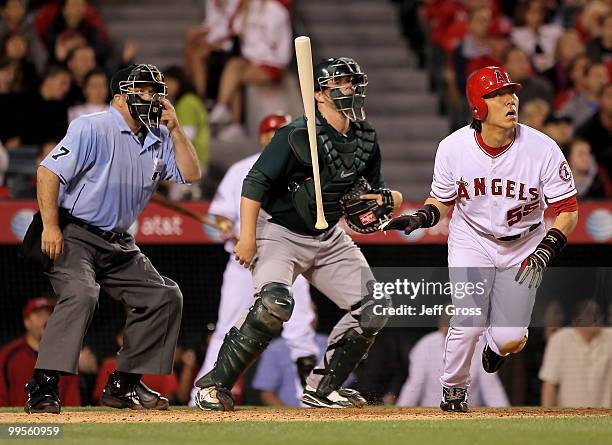 Hideki Matsui of the Los Angeles Angels of Anaheim hits a three-run homerun against the Oakland Athletics in the sixth inning at Angel Stadium on May...