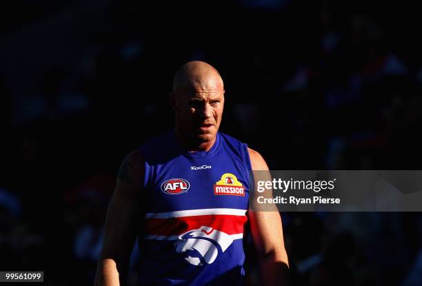 Barry Hall of the Bulldogs looks on from the bench during the round eight AFL match between the Western Bulldogs and the Sydney Swans at Manuka Oval...