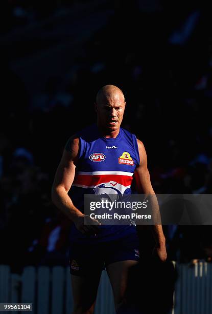 Barry Hall of the Bulldogs looks on from the bench during the round eight AFL match between the Western Bulldogs and the Sydney Swans at Manuka Oval...