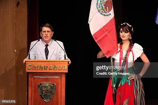 Jose Maria Odriozola, IAAF council member, speaks at the inauguration of the IAAF World Race Walking Cup Chihuahua 2010 at the Theater of Heroes on...