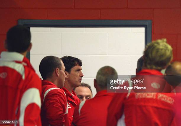 Paul Roos, coach of the Swans, speaks to his players during the final team meeting befor the round eight AFL match between the Western Bulldogs and...