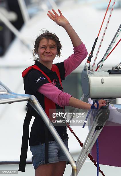 Teen sailor Jessica Watson waves as she arrives in Sydney following her world record attempt to become the youngest person to sail solo, non-stop and...