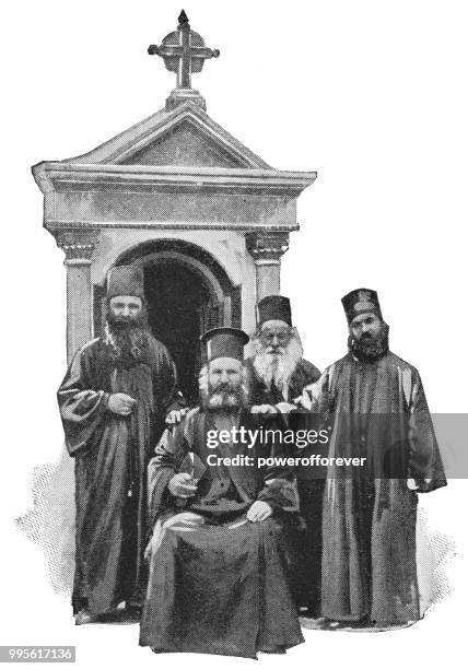 ilustraciones, imágenes clip art, dibujos animados e iconos de stock de sacerdotes ortodoxos griegos en jerusalén, israel - imperio otomano - vestimenta-histórica