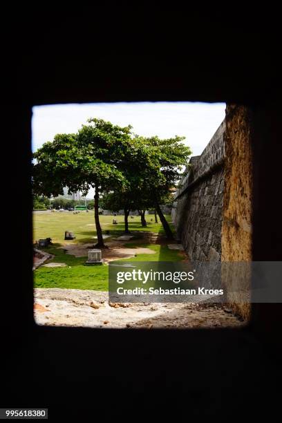 view in the fortified wall from within the wall, cartagena, colombia - sebastiaan kroes stockfoto's en -beelden