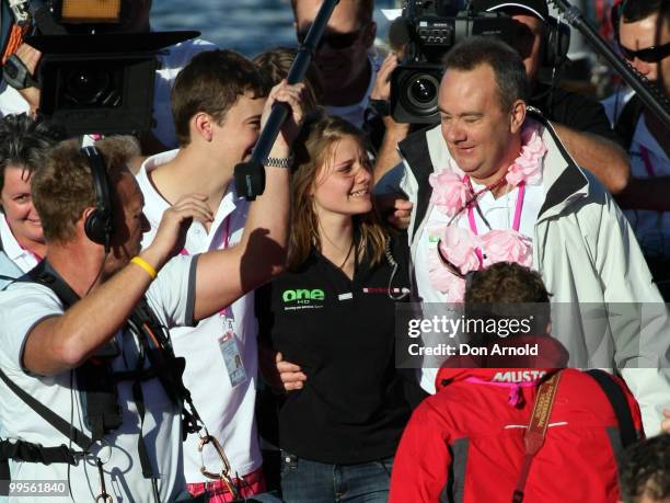 Teen sailor Jessica Watson arrives back home in Sydney and is greeted by father Roger , brother Tom and mother Julie following her world record...