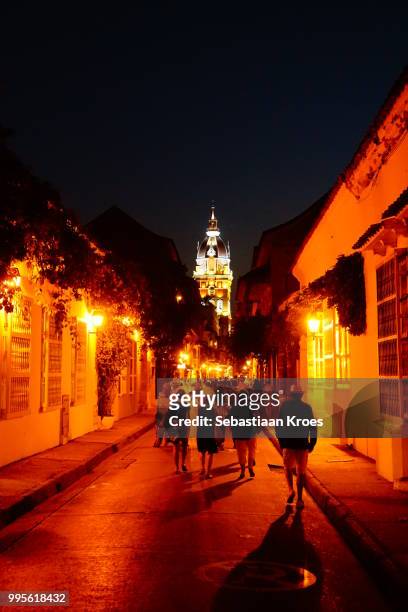calle de don sancho with people at night, cartagena, colombia - calle stockfoto's en -beelden