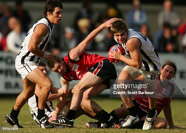 Josh Thomas of Collingwood runs with the ball during the round six VFL match between Collingwood and Frankston at Frankston Oval on May 15, 2010 in...