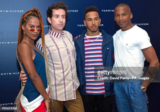 Nick Grimshaw, Lewis Hamilton and Eric Underwood at the Tommy Hilfiger store on Regent Street, London, for 'An audience with Lewis Hamilton'.