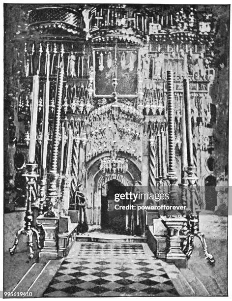 aedicule at the church of the holy sepulchre in jerusalem, israel - ottoman empire - powerofforever stock illustrations