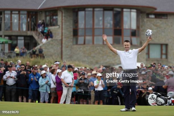 Russell Knox of Scotland celebrates winning during Day Four of the Dubai Duty Free Irish Open at Ballyliffin Golf Club on July 8, 2018 in Donegal,...