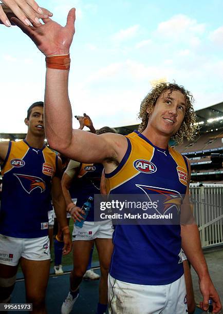 Matt Priddis of the Eagles thanks fans after their win in the round eight AFL match between the Melbourne Demons and the West Coast Eagles at...