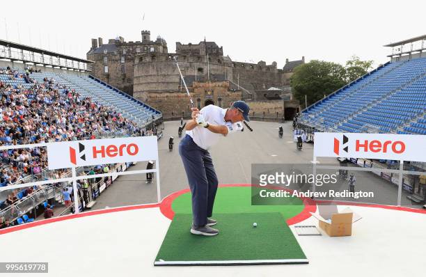 Matt Kuchar of the USA hits a shot on his way to victory in The Hero Challenge at the 2018 ASI Scottish Open at Edinburgh Castle on July 10, 2018 in...