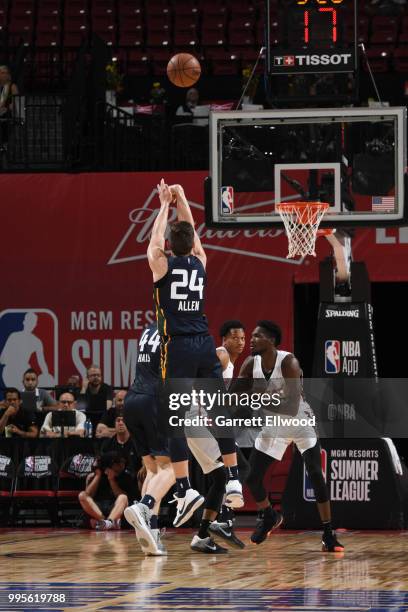 Grayson Allen of the Utah Jazz shoots the ball against the Miami Heat during the 2018 Las Vegas Summer League on July 9, 2018 at the Thomas & Mack...