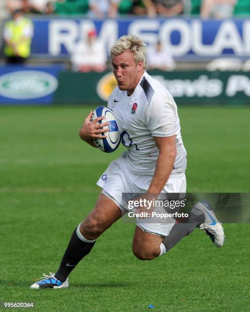 Jordan Crane of England Saxons in action during the Churchill Cup match between England Saxons and USA Eagles at Franklin's Gardens in Northampton,...