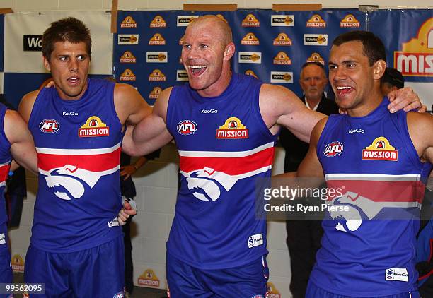 Barry Hall of the Bulldogs sings the club song after the round eight AFL match between the Western Bulldogs and the Sydney Swans at Manuka Oval on...