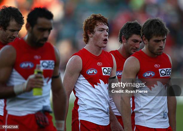 Gary Rohan of the Swans looks dejected after the round eight AFL match between the Western Bulldogs and the Sydney Swans at Manuka Oval on May 15,...