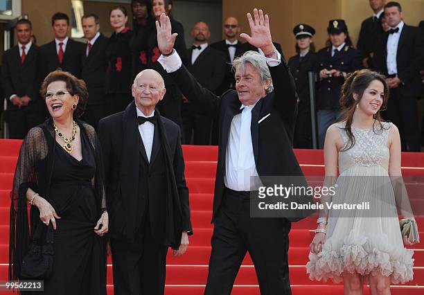 Actress Claudia Cardinale, Cannes Film Festival President Gilles Jacob, actor Alain Delon and Anoushka Delon attend the 'Il Gattopardo' premiere held...