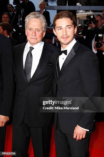 Michael Douglas and Shia LaBeouf attend the Premiere of 'Wall Street: Money Never Sleeps' held at the Palais des Festivals during the 63rd Annual...