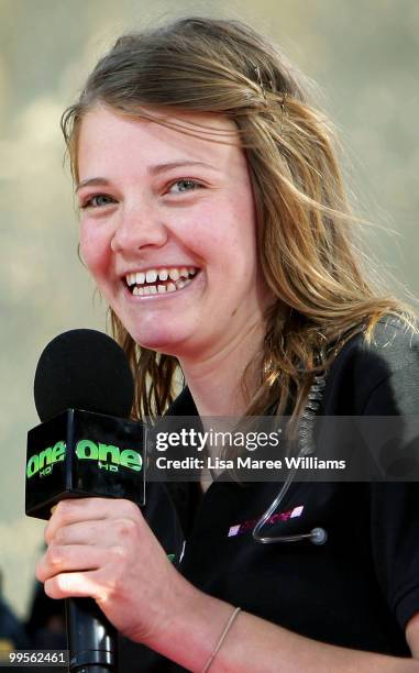 Teen sailor Jessica Watson appears on stage after arriving home in Sydney following her world record attempt to become the youngest person to sail...