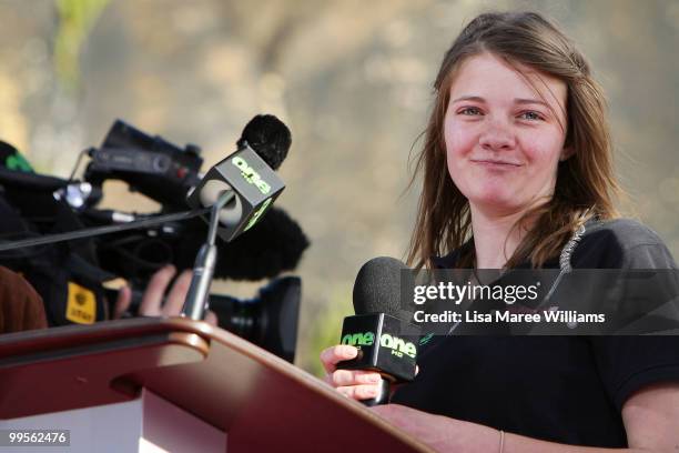 Teen sailor Jessica Watson appears on stage after arriving home in Sydney following her world record attempt to become the youngest person to sail...