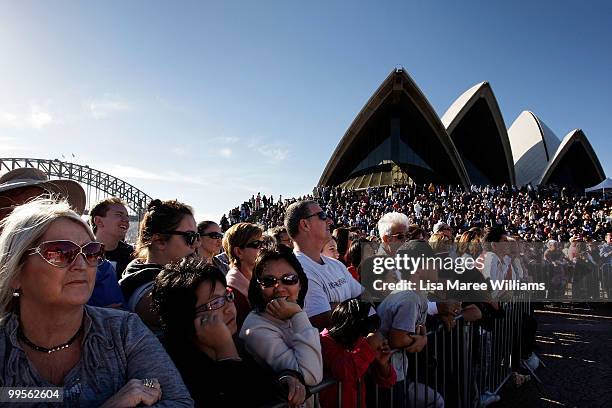 Large crowds line the Sydney Opera House forecourt for the arrival of teen sailor Jessica Watson following her world record attempt to become the...