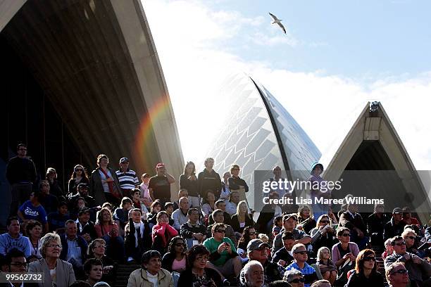 Large crowds line the Sydney Opera House forecourt for the arrival of teen sailor Jessica Watson following her world record attempt to become the...