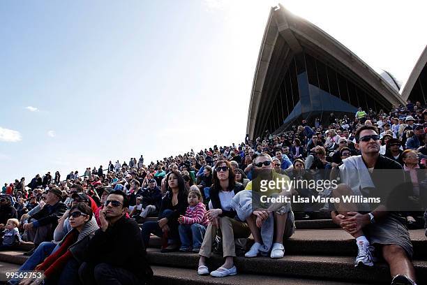 Large crowds line the Sydney Opera House forecourt for the arrival of teen sailor Jessica Watson following her world record attempt to become the...