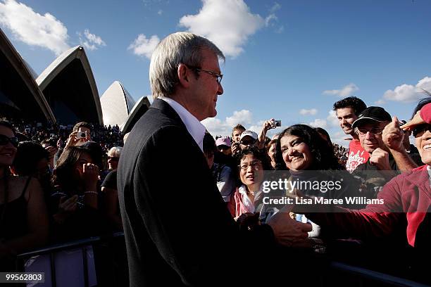 Prime Minister Kevin Rudd greets the crowd prior to the arrival of teen sailor Jessica Watson following her world record attempt to become the...