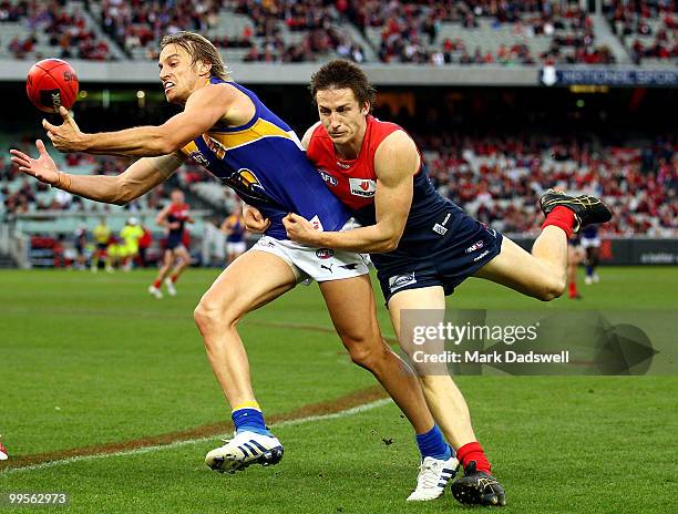 Mark Nicoski of the Eagles gathers the ball during the round eight AFL match between the Melbourne Demons and the West Coast Eagles at Melbourne...