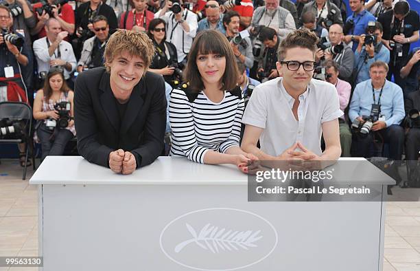 Actor Niels Schneider, Actor Monia Chokri and Director Xavier Dolan attend the "Another Year" Photocall at the Palais des Festivals during the 63rd...