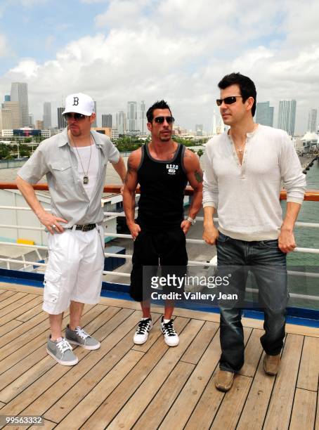 Donnie Wahlberg, Danny Wood and Jordan Knight attend New Kids On The Block Concert Cruise Launch on May 14, 2010 in Miami Beach, Florida.