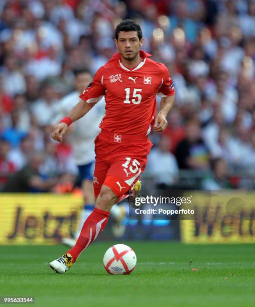 Blerim Dzemaili of Switzerland in action during the UEFA EURO 2012 group G qualifying match between England and Switzerland at Wembley Stadium in...