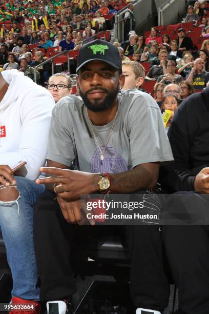 Kyrie Irving of the Boston Celtics attends the game between the Los Angeles Sparks and the Seattle Storm on July 10, 2018 at Key Arena in Seattle,...