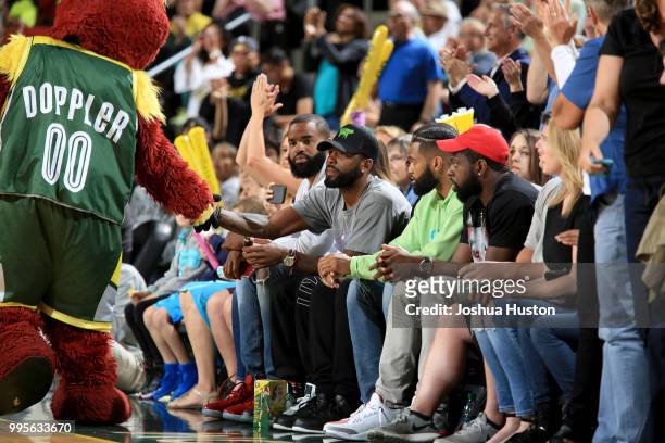 Kyrie Irving of the Boston Celtics attends the game between the Los Angeles Sparks and the Seattle Storm on July 10, 2018 at Key Arena in Seattle,...