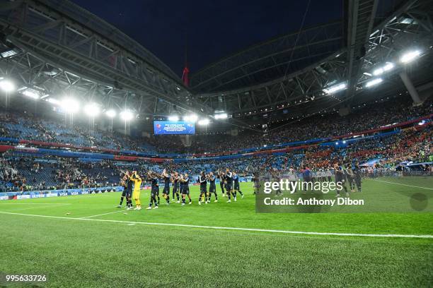 Team of France celebrate the victory during the Semi Final FIFA World Cup match between France and Belgium at Krestovsky Stadium on July 10, 2018 in...