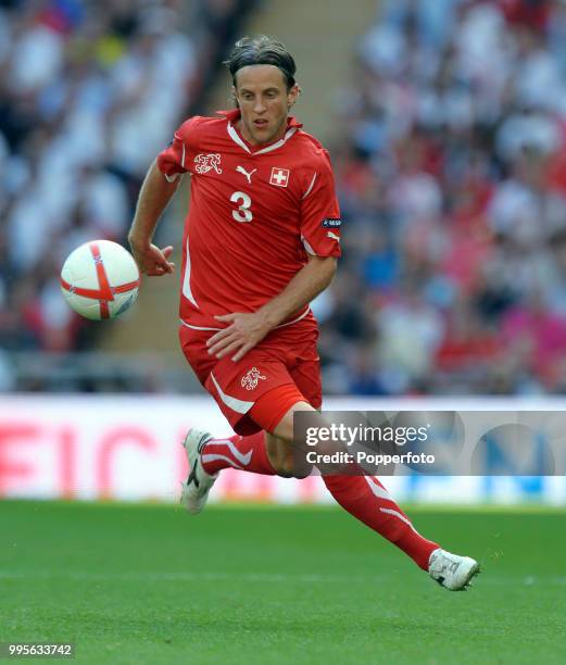 Reto Ziegler of Switzerland in action during the UEFA EURO 2012 group G qualifying match between England and Switzerland at Wembley Stadium in London...