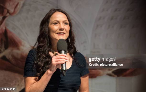 Angelina Whalley, wife of anatomist Gunther von Hagens, speaking during a press conference at a new permanent exhibition at the Altes Hallenbad in...