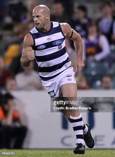 Paul Chapman of the Cats celebrates after scoring a goal during the round eight AFL match between the Brisbane Lions and the Geelong Cats at The...