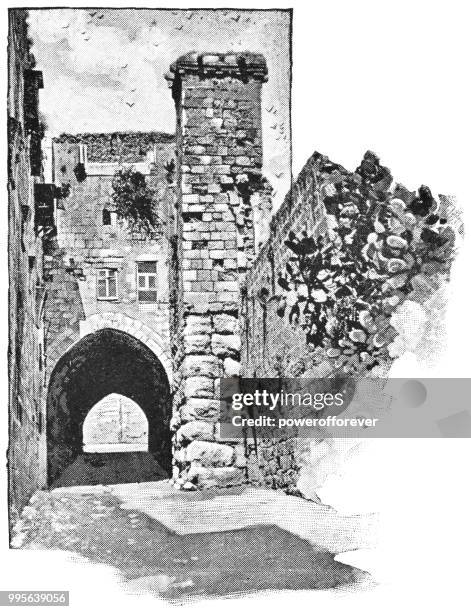 ilustraciones, imágenes clip art, dibujos animados e iconos de stock de de la torre a antonia en la vía dolorosa en jerusalén, israel - imperio otomano - fortaleza antonia