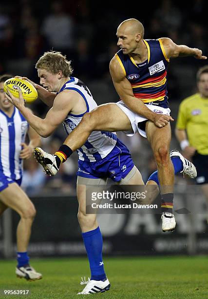 Jack Ziebell of the Kangaroos takes a mark against Tyson Edwards of the Crows during the round eight AFL match between the North Melbourne Kangaroos...