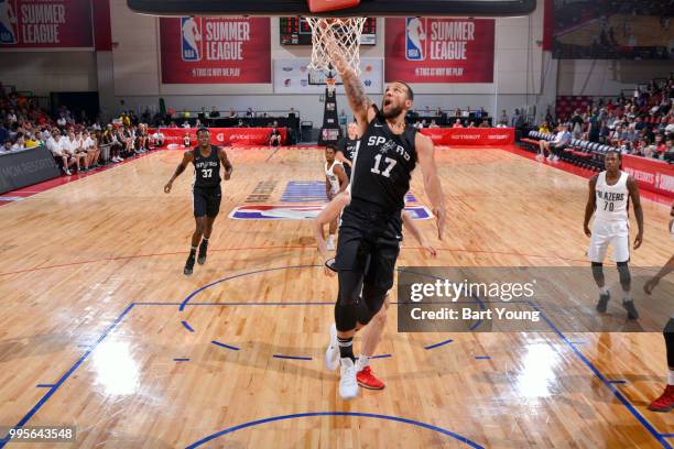 Trey McKinney-Jones of the San Antonio Spurs goes to the basket against the Portland Trail Blazers during the 2018 Las Vegas Summer League on July...