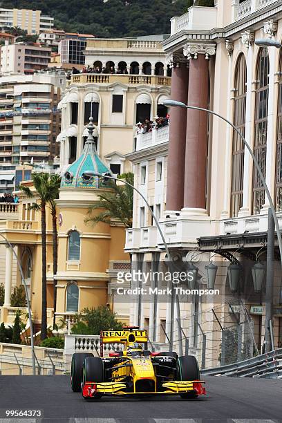 Robert Kubica of Poland and Renault drives on his way to setting the fastest time in the final practice session prior to qualifying for the Monaco...