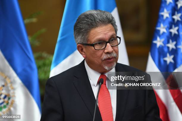 Salvadorean Foreign Minister Carlos Castaneda speaks during a joint press conference with US Homeland Security Secretary Kirstjen Nielsen and...