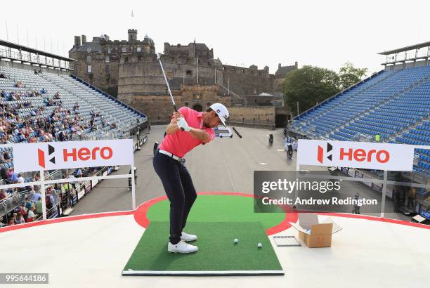 Rafa Cabrera Bello of Spain plays a shot during The Hero Challenge at the 2018 ASI Scottish Open at Edinburgh Castle on July 10, 2018 in Edinburgh,...